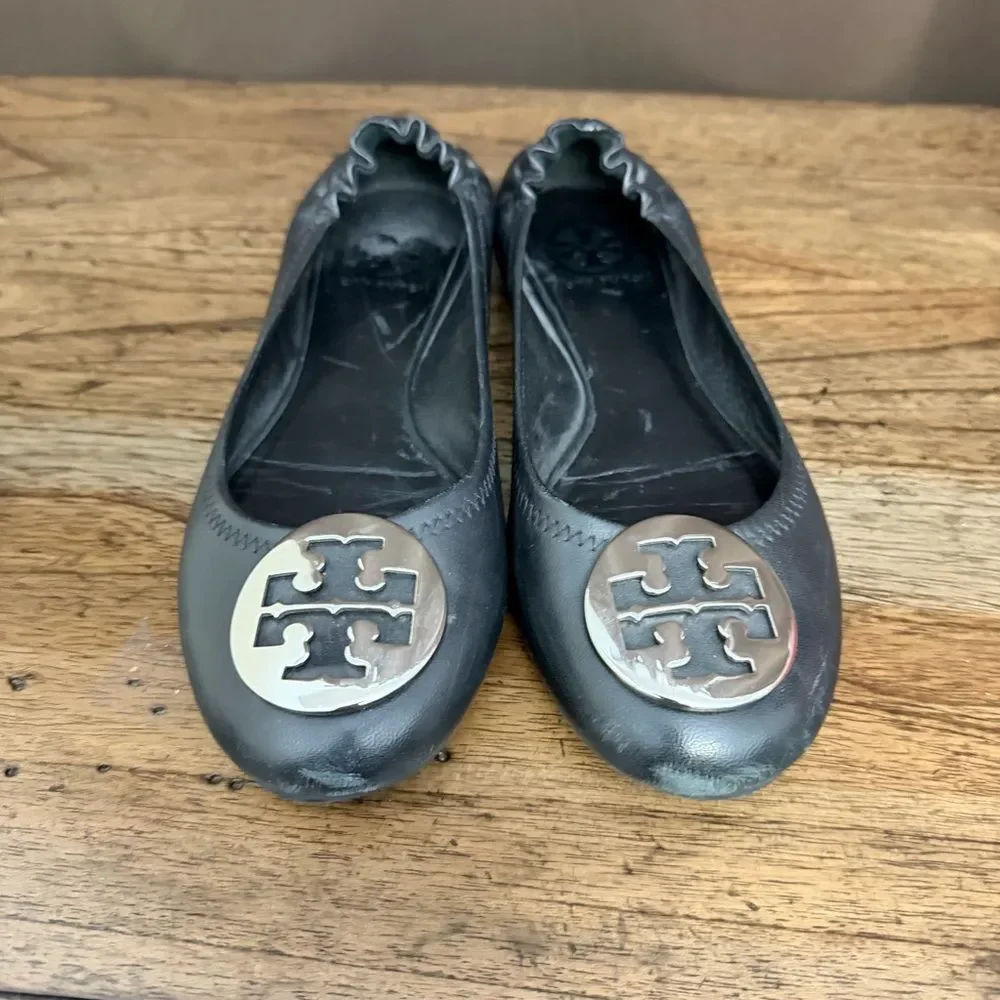 Tory Burch Black Leather Logo Reva Ballet Flats with Silver Emblem Discs
